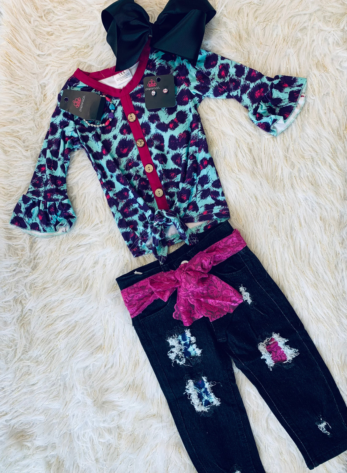 Teal & Magenta Leopard Denim Pant Set