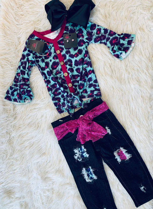Teal & Magenta Leopard Denim Pant Set