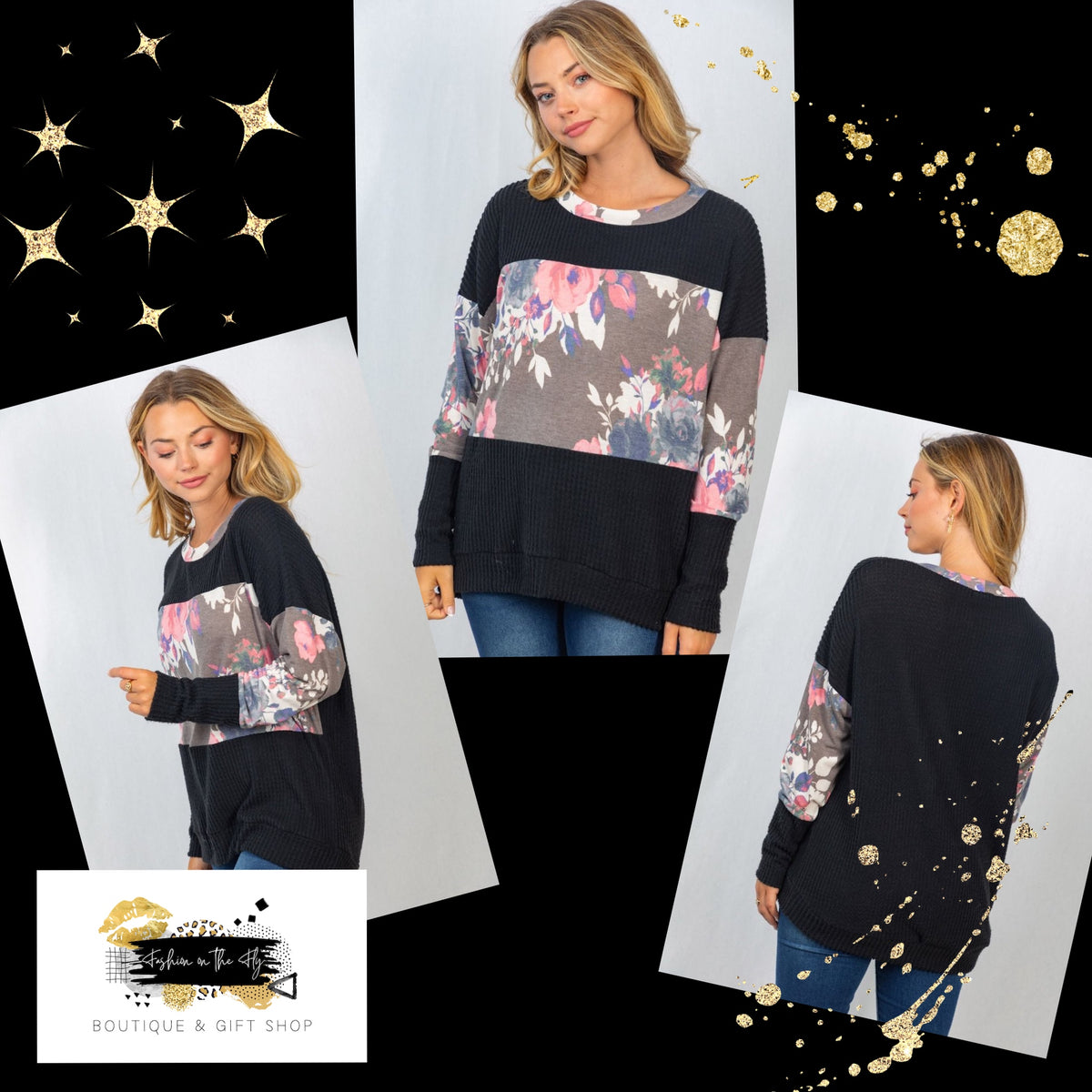 Waffle knit black floral