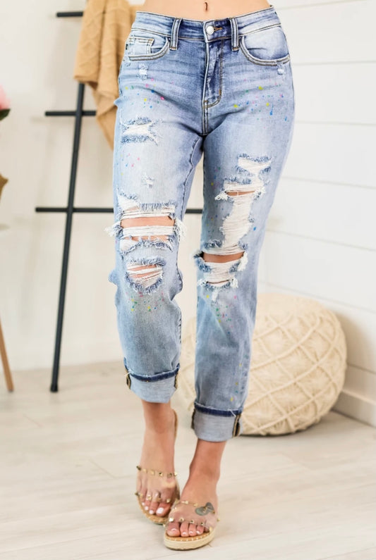 Judy Blue Paint Splatter Boyfriend Jeans