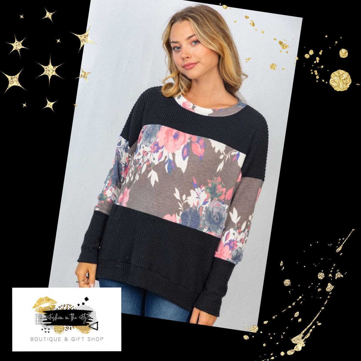 Waffle knit black floral